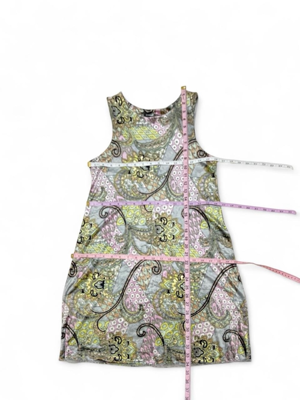 Betsey Johnson Paisley Print Sleeveless Mini Dress - Pink, Green, Gray, Cream - Picture 5 of 5